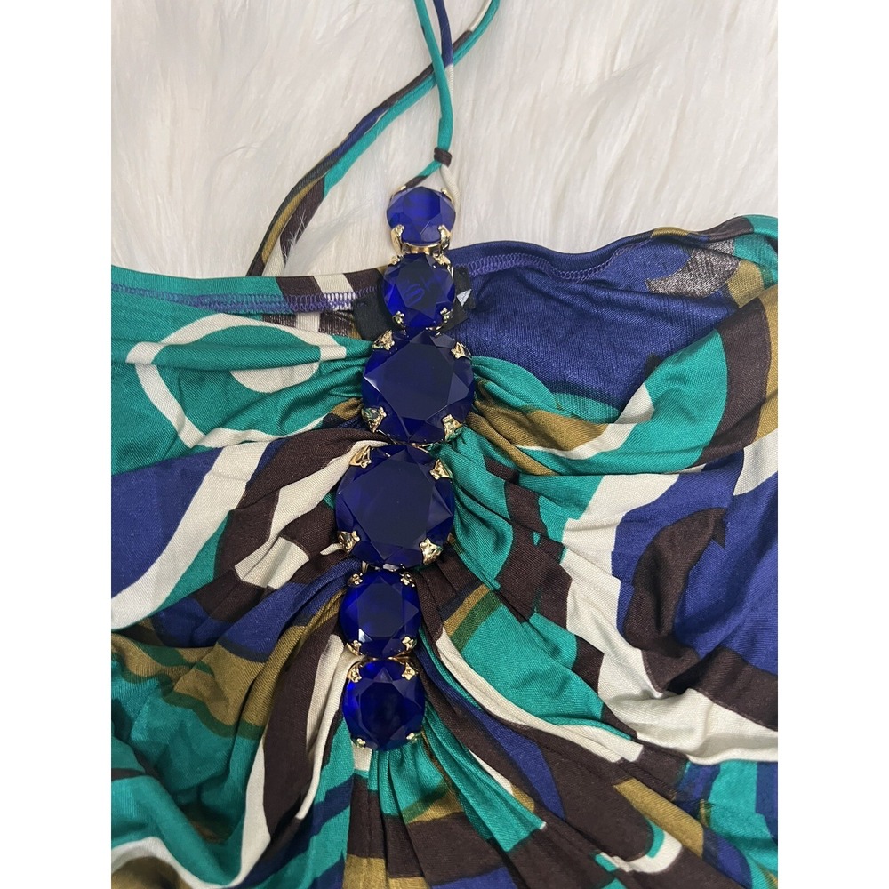 Sky Silk Halter Top Blue Jewel Accents Resort Night Club Multicolor Swirl L - Picture 6 of 10